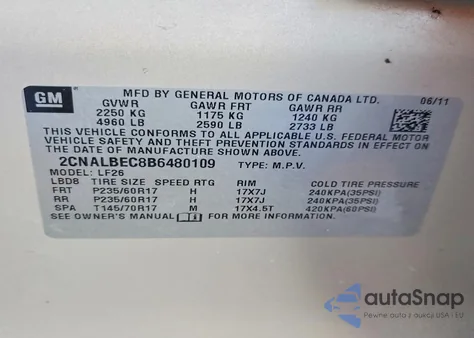 2011 Chevrolet Equinox Ls из США, поврежденный, VIN 2CNALBEC8B6480109